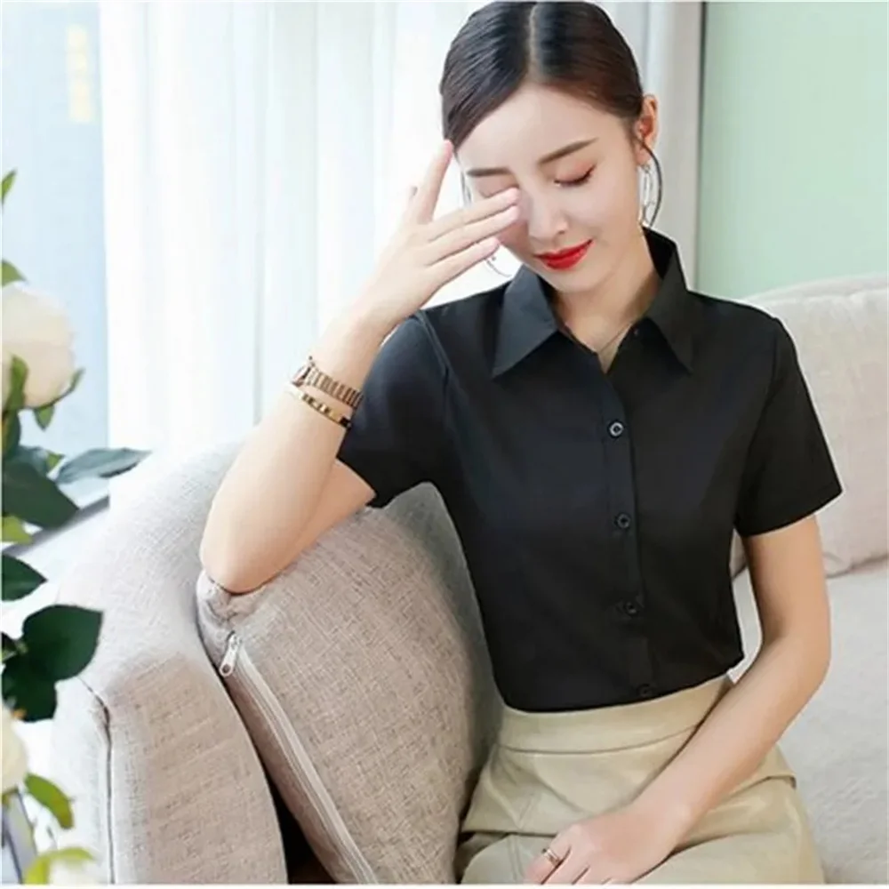 Summer Short Sleeve White Black Women Shirt Women\'s Blouse Slim Fitting Professional Work Clothes Formal Office Lady Ol Blouse