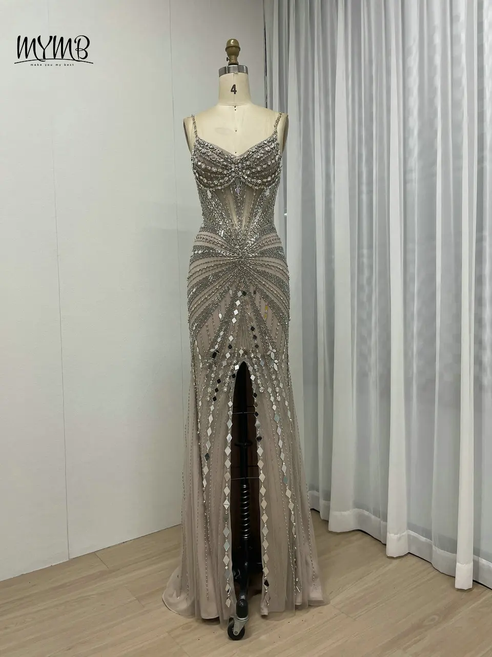MYMB Nude Stunning Spaghetti Straps Sweetheart Neck Prom Party Dresses for Special Events Luxury Mermaid High Split Evening Gown