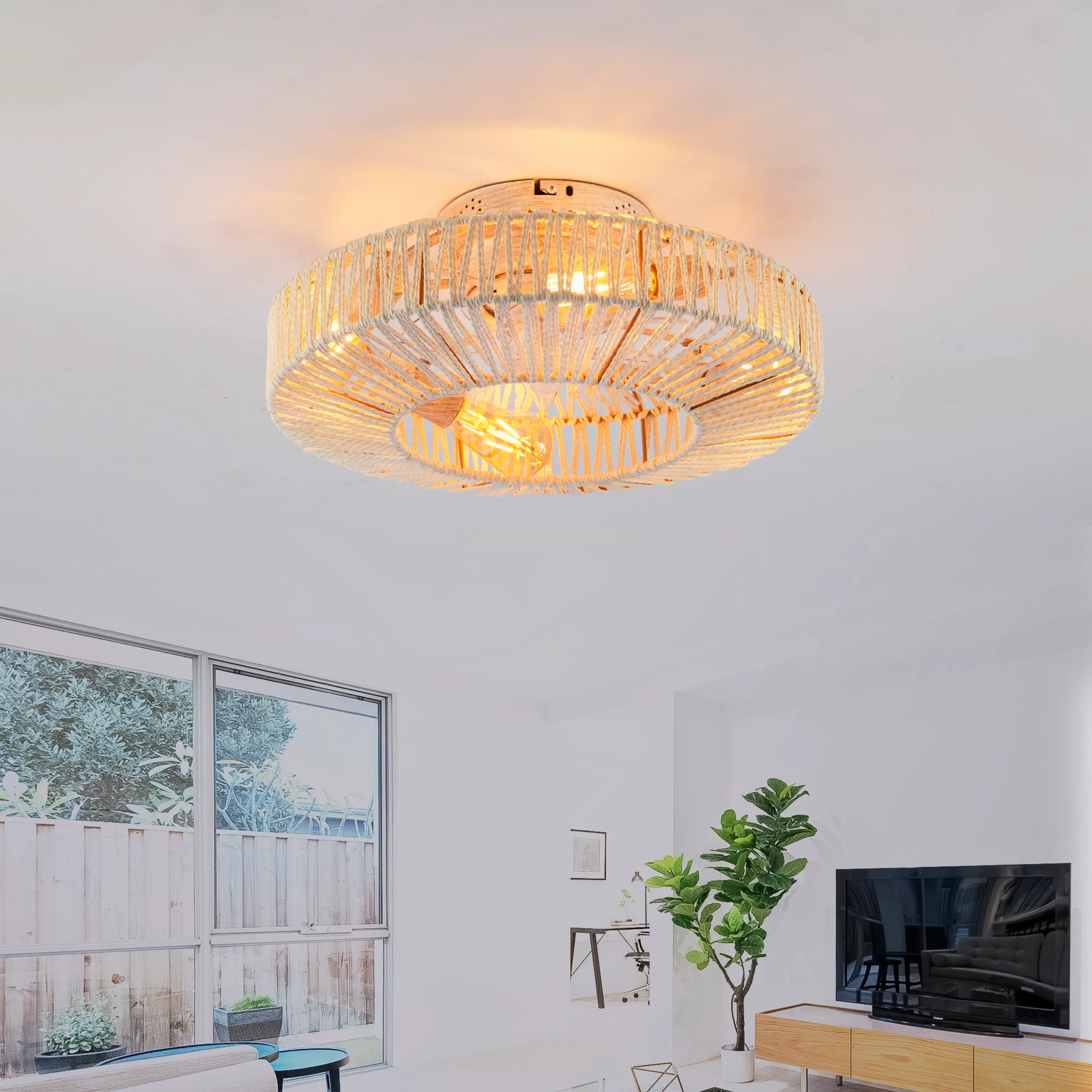 

20”in Linen Rope and White Caged Flush Mount Ceiling Fans with Lights