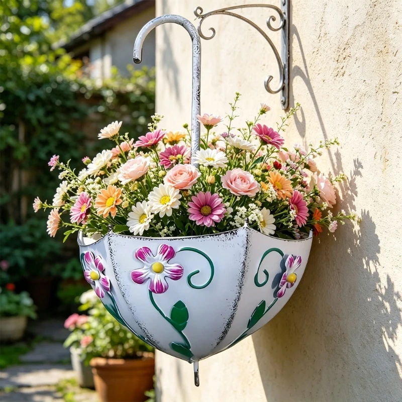  Fashion Geometrics Wall Mounted Planter Elegant Umbrella Hanging Flower Basket for Indoor Outdoor Garden