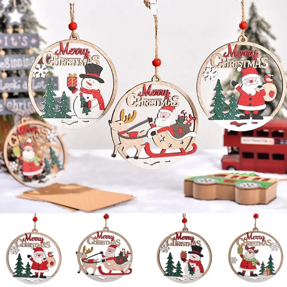 Rustic Wooden Christmas Tree Pendant Round Hollow Christmas Ornament Hanging Carving Christmas Decoration New Year Gift