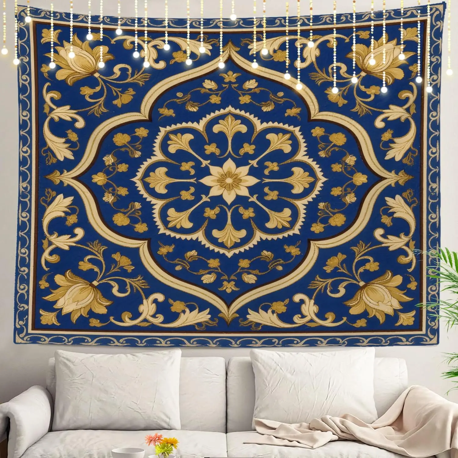 Elegant Blue Gold Baroque Damask Tapestry Wall Hanging Royal Oriental Art Decor Textile 180x230cm