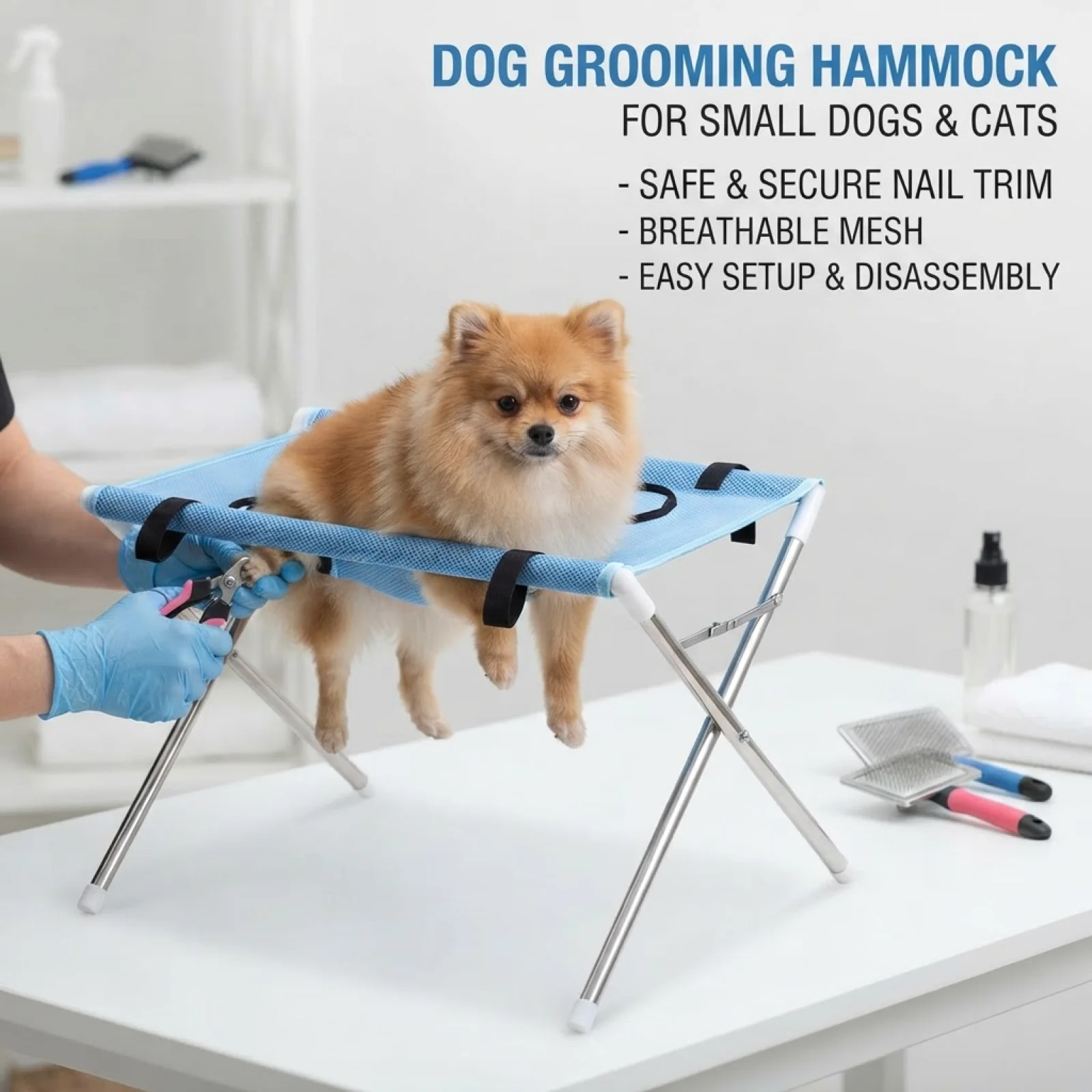 Space-Saving Foldable Pet Cradle Table | Sturdy Metal Tube Frame, Reinforced Trim and Handles, Pet Grooming Hammock Standard
