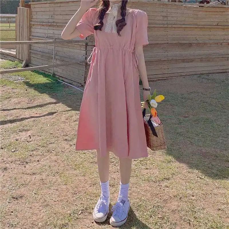 Sweet V-Neck Solid Color Shirring Bandage Bow Midi Dress Female Clothing Summer New Loose Korean Puff Sleeve Casual Dresses