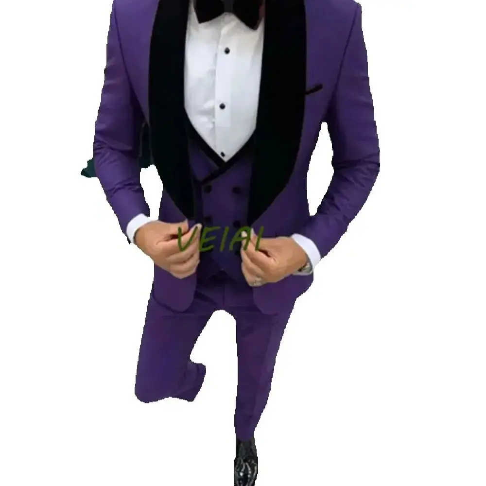 

CustomizedFashion Business Men Suit 3 Pieces Male Dress Custom Groom Wedding Suit Tuxedo Black Velvet Lapel Blazer Vest Pants