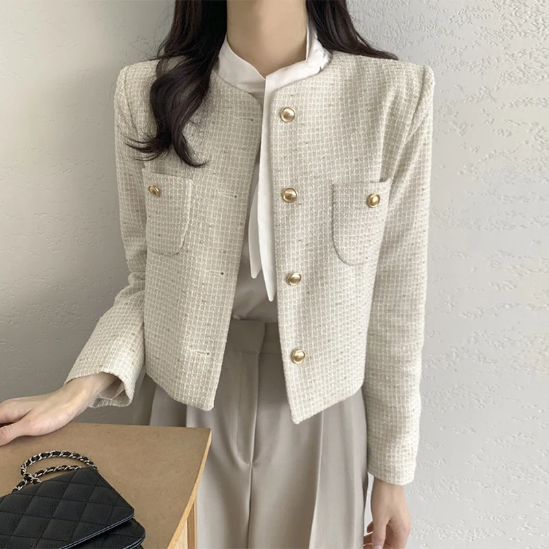

Chic Spring round Ne Long Sve Outerwear Loose Fit iny Tead Mixed Color Knitted Versatile Outerwear Commute Sle