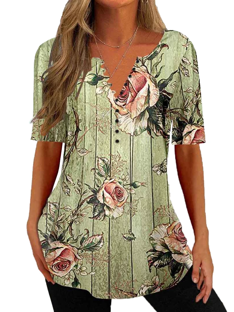 Tops estampados florais com decote em v feminino, meia manga, plus size