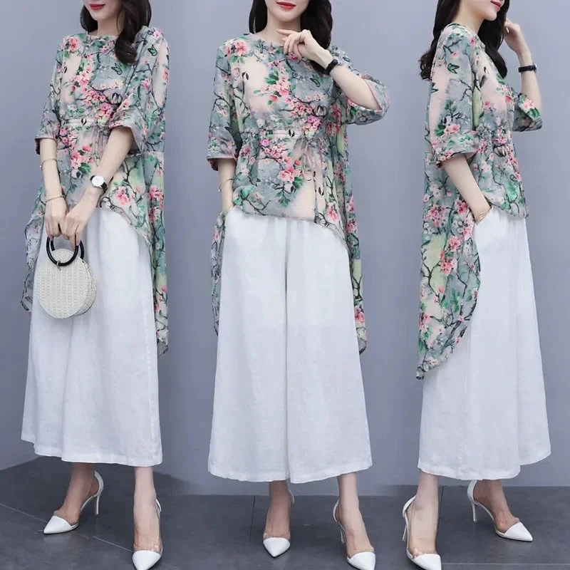 

Summer New Korean Fashion Chiffon Two-Piece Ladies Casual Printed Blouse + Large Size Loose Wide-Leg Pants Suit Women 2PCS