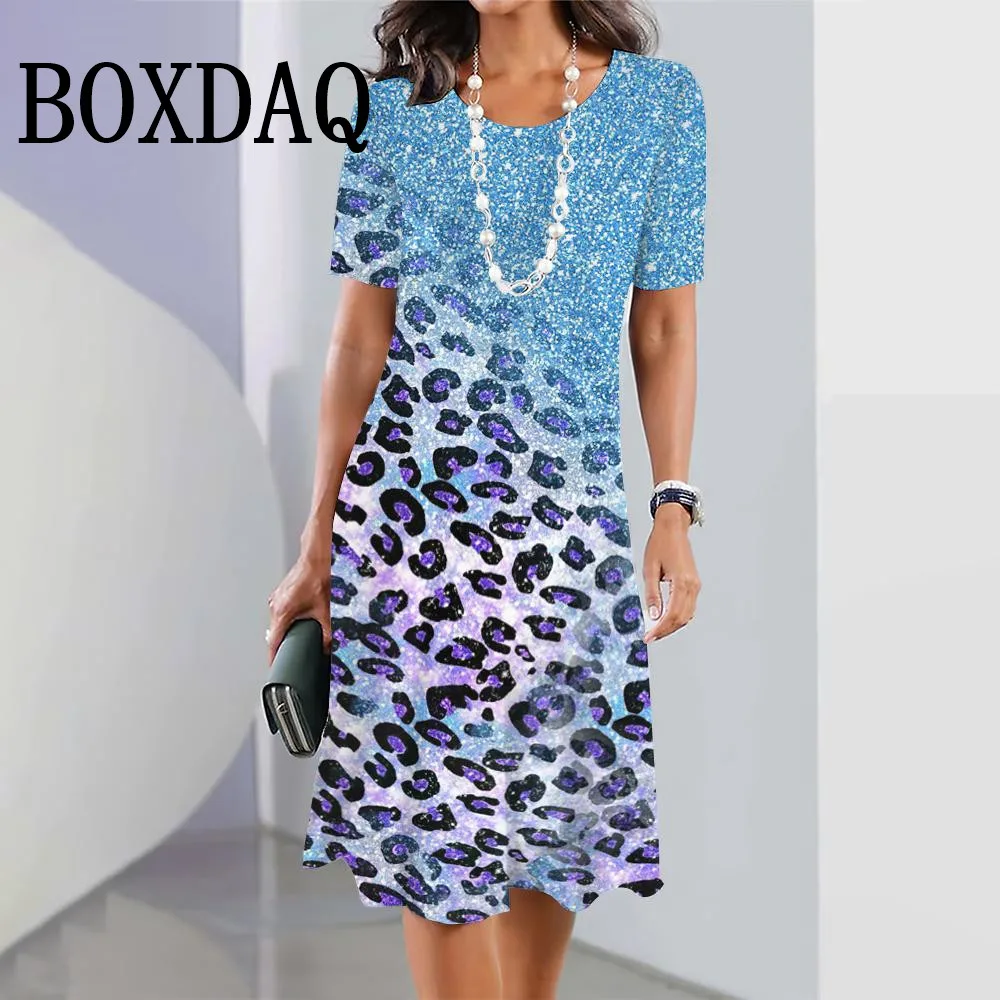 Summer Fashion Gradient Leopard Print Women's Dresses Plus Size Elegant 2025 Female Casual Short Sleeve Dresses Women's Clothing