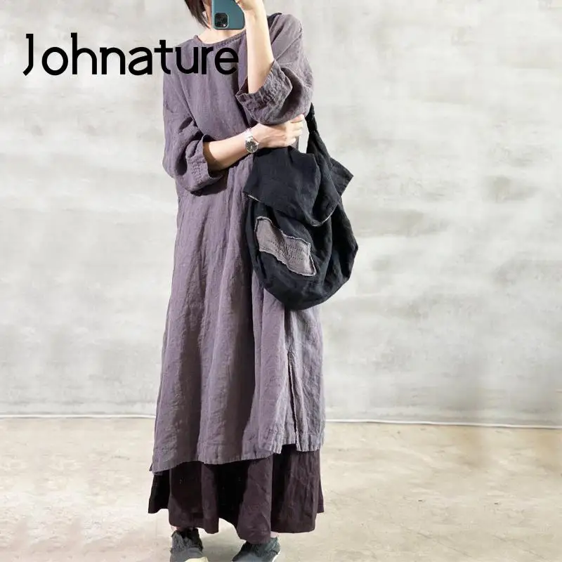 Johnature Literary Cloth Bag Versatile Linen Large Capacity Casual Tote Handmade Solid Color Stitch Shoulder & Crossbody Bags