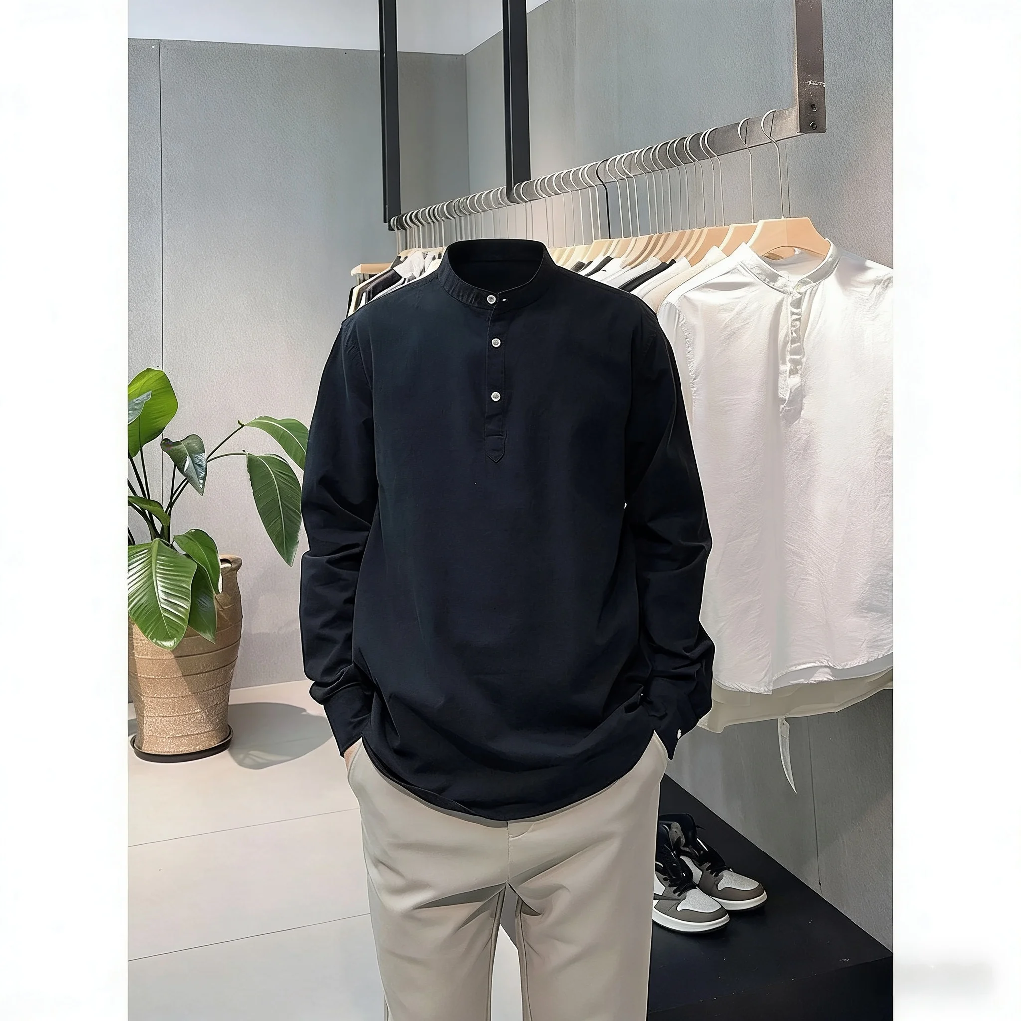 

Black Long Sleeve Henry Collar Shirt Men's Style Autumn Fashion Old Money Feelings High-End Cotton Linen American Shirt ...