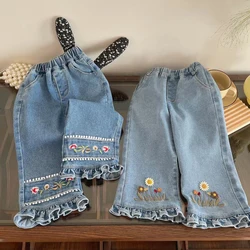 Girls Spring Autumn Jeans Straight 2024 New Loose Flower Embroidered Lace Wild Leg Denim Pants Girl' Baby Fashion Trousers