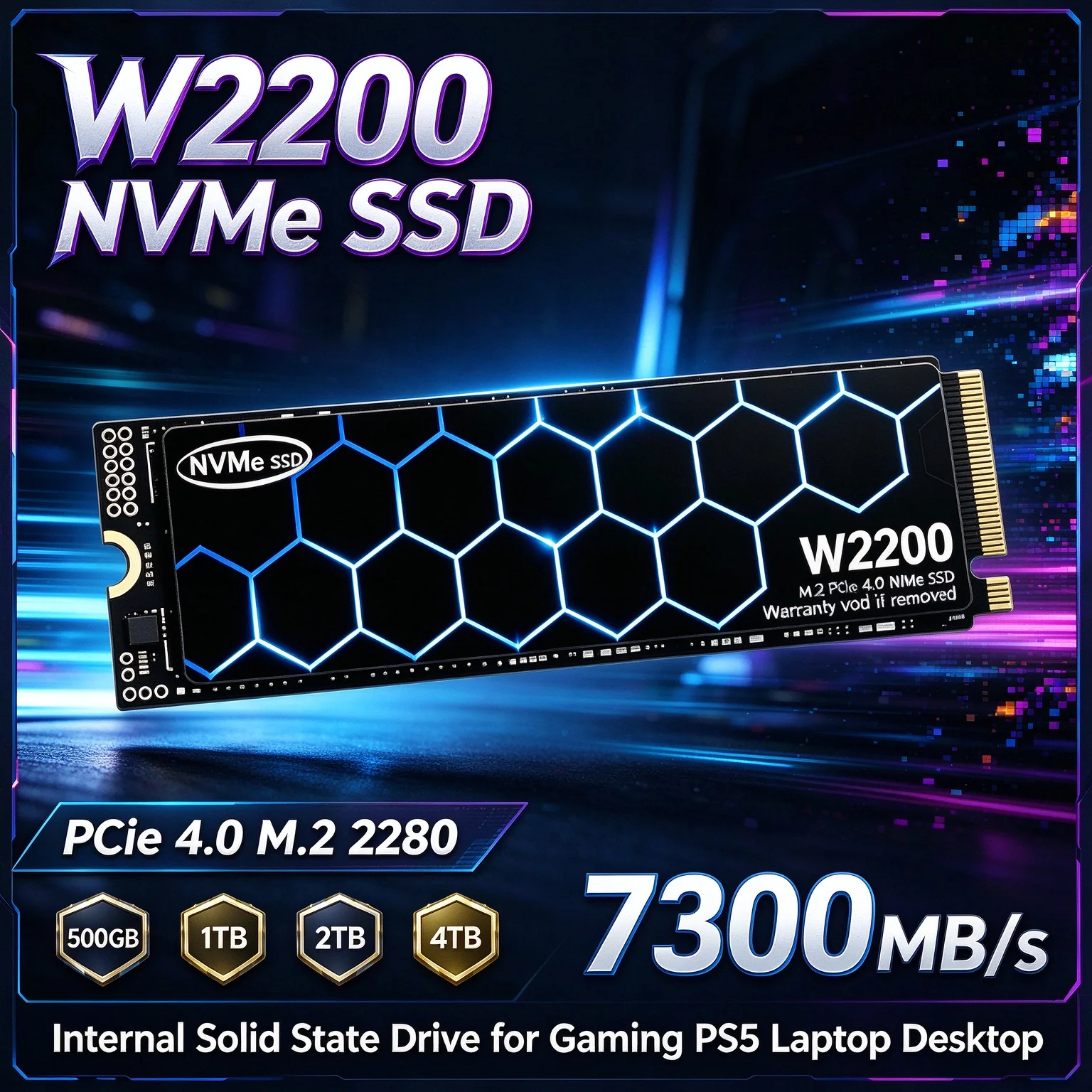 7300MB/s W2200 NVMe SSD PCIe 4.0 M.2 2280 Launch Games in Seconds, 4TB Internal Drive for Desktop Laptop, High Speed Storage