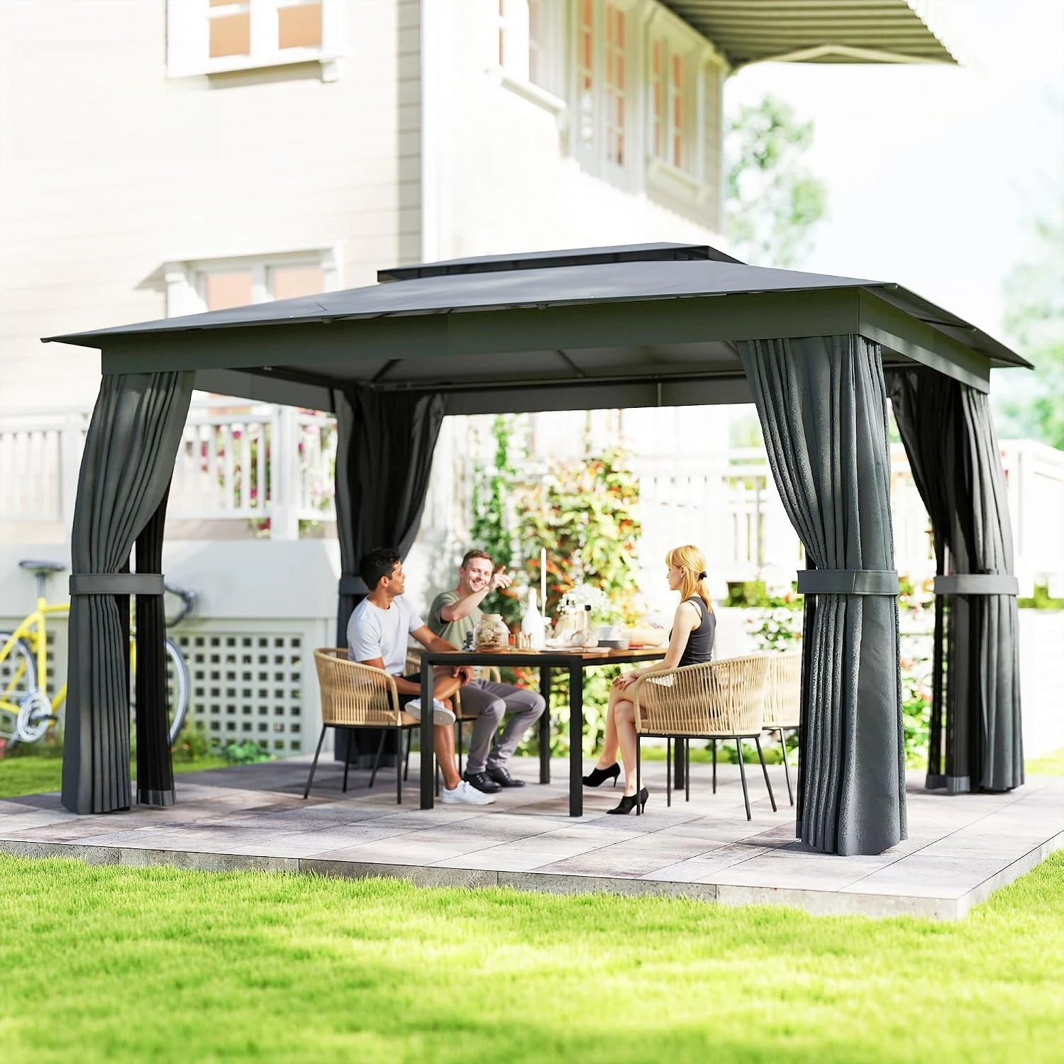 Outdoor Patio Gazebo, Hardtop Garden Canopy Shelter Tent, Backyard Lawn Deck Porch, Ventilated Double Roof Sun Shade Rain Protection, Modern Minimalist Style, Dark Gray, 1 Piece