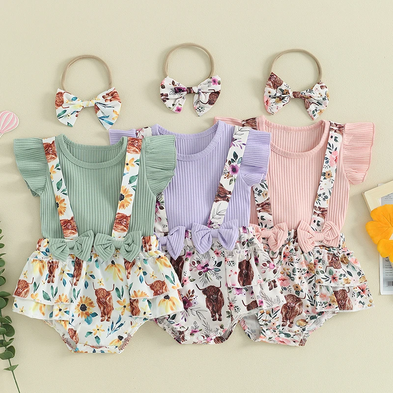 

Baby Girls Clothing Set Fly Sleeve T-shirt with Flower Print Suspender Shorts Headband Set Summer Toddler Clothes 3pcs Outfit