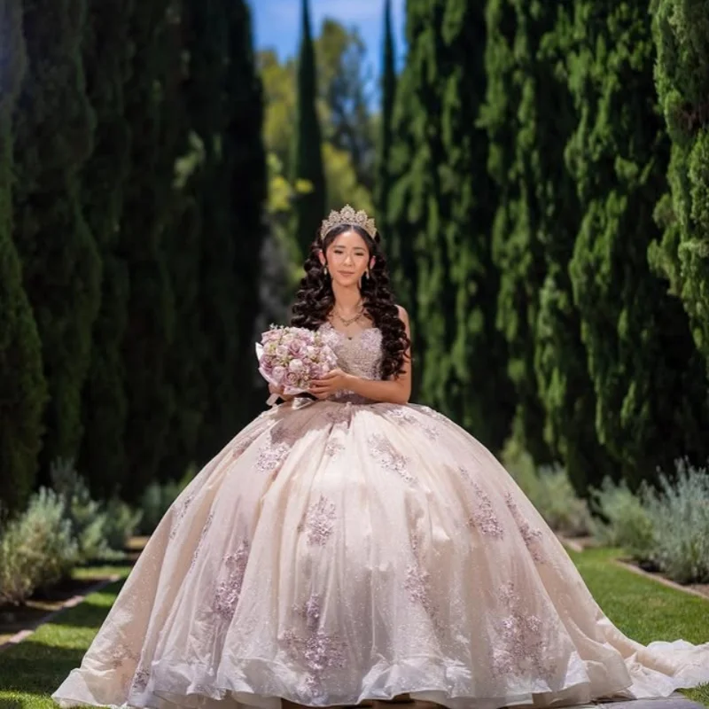 

Customized Shiny rose gold Quinceanera Dresses Off the Shoulder crystal applique Long tail Bow Vestido 15 Quinceanera