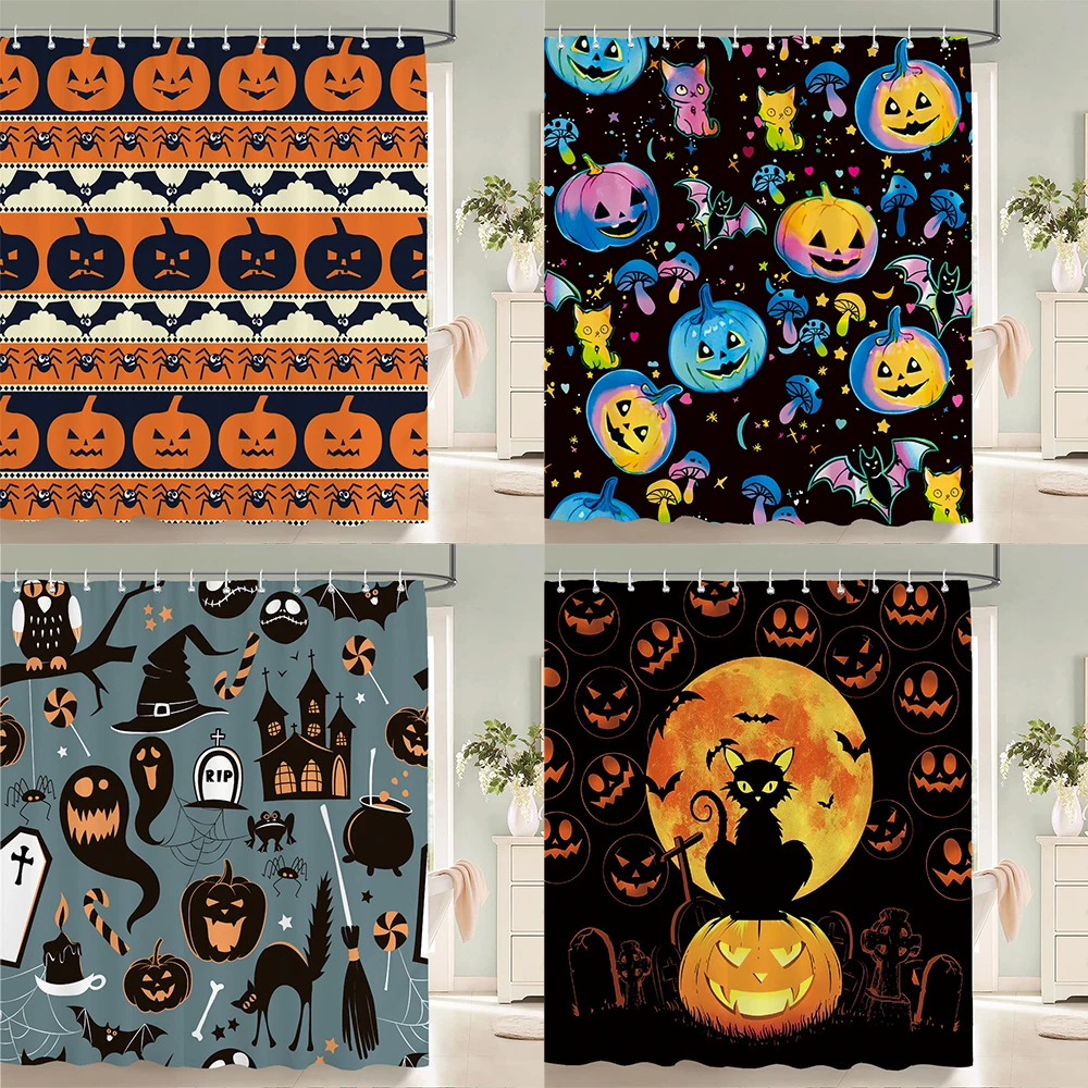 

Halloween Shower Curtains Night Decorations of Moon Pumpkin Fabric Shower Curtain Decorations for Bathroom Bathtub Screen