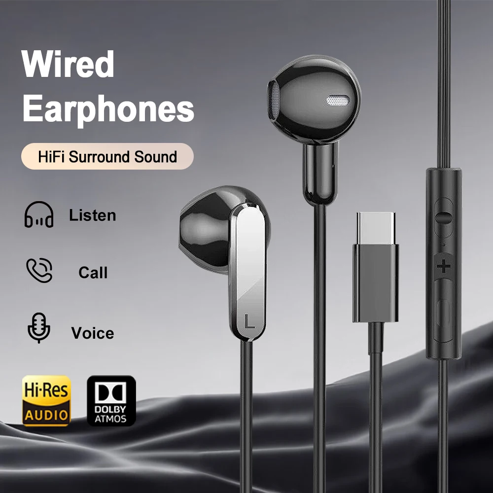 سماعات أذن سلكية من النوع C مقاس 3.5 ملم داخل الأذن مع ميكروفون وسماعات أذن استريو لهاتف iPhone 17 Pro وسامسونج جالاكسي S25