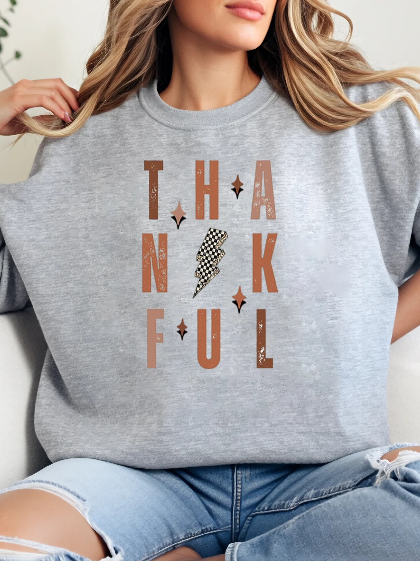 

Thankful Print Thanksgiving Crewneck Sweatshirt Women Casual Autumn Winter Wear Gray Plus-Size
