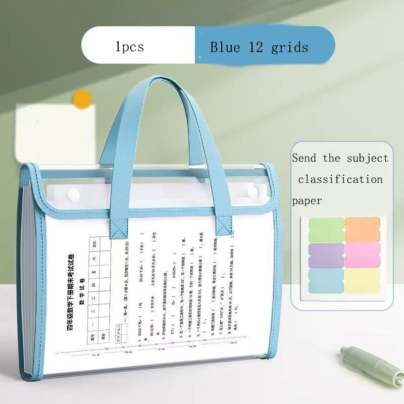 12-compartment Horizontal Flip PVCTransparent Large-capacity Test Paper Storage Bag for Students Waterproof Multi-layer File Bag