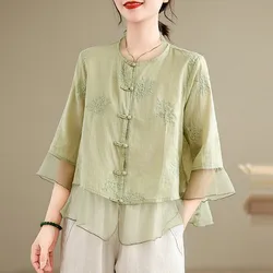 Chinese Style Casual Shirt Women New Arrival 2024 Summer Vintage O-neck Floral Embroidery Loose Female Cotton Tops Shirts B3595