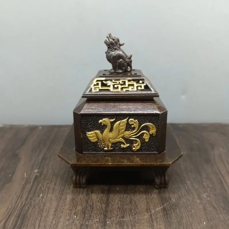 Brass Incense , Chinese Style Home Office Aromatherapy , Vintage Distressed Four Divine Beasts Square Burner, Metal