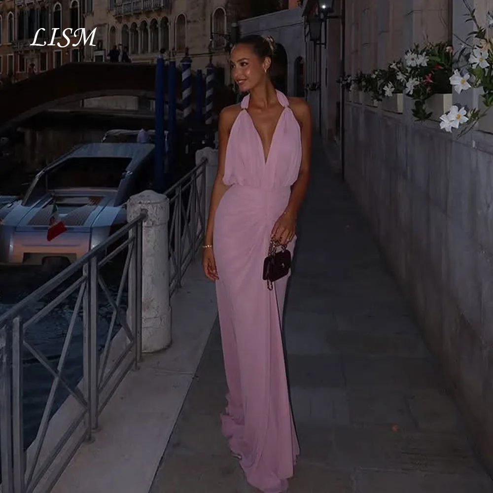

LISM Pink Halter V-Neck A-Line Evening Dresses Simple Silk Chiffon Backless Long Elegant Fashion Prom Gowns robe de soirée