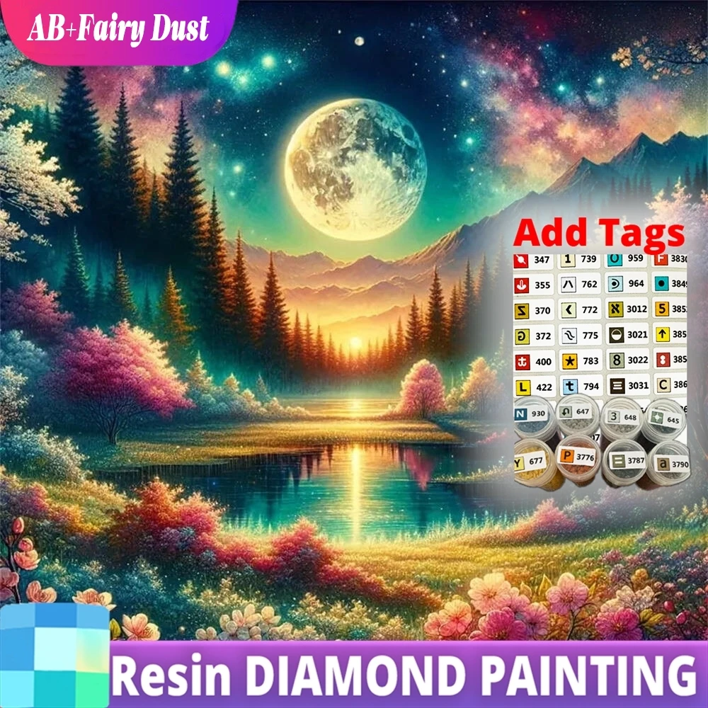 

Resin AB Fairy Dust 5D DIY Diamond Embroidery Sunset Picture Rhinestones Painting Lake Tree Beaded Mosaic Moon Landscape Unique