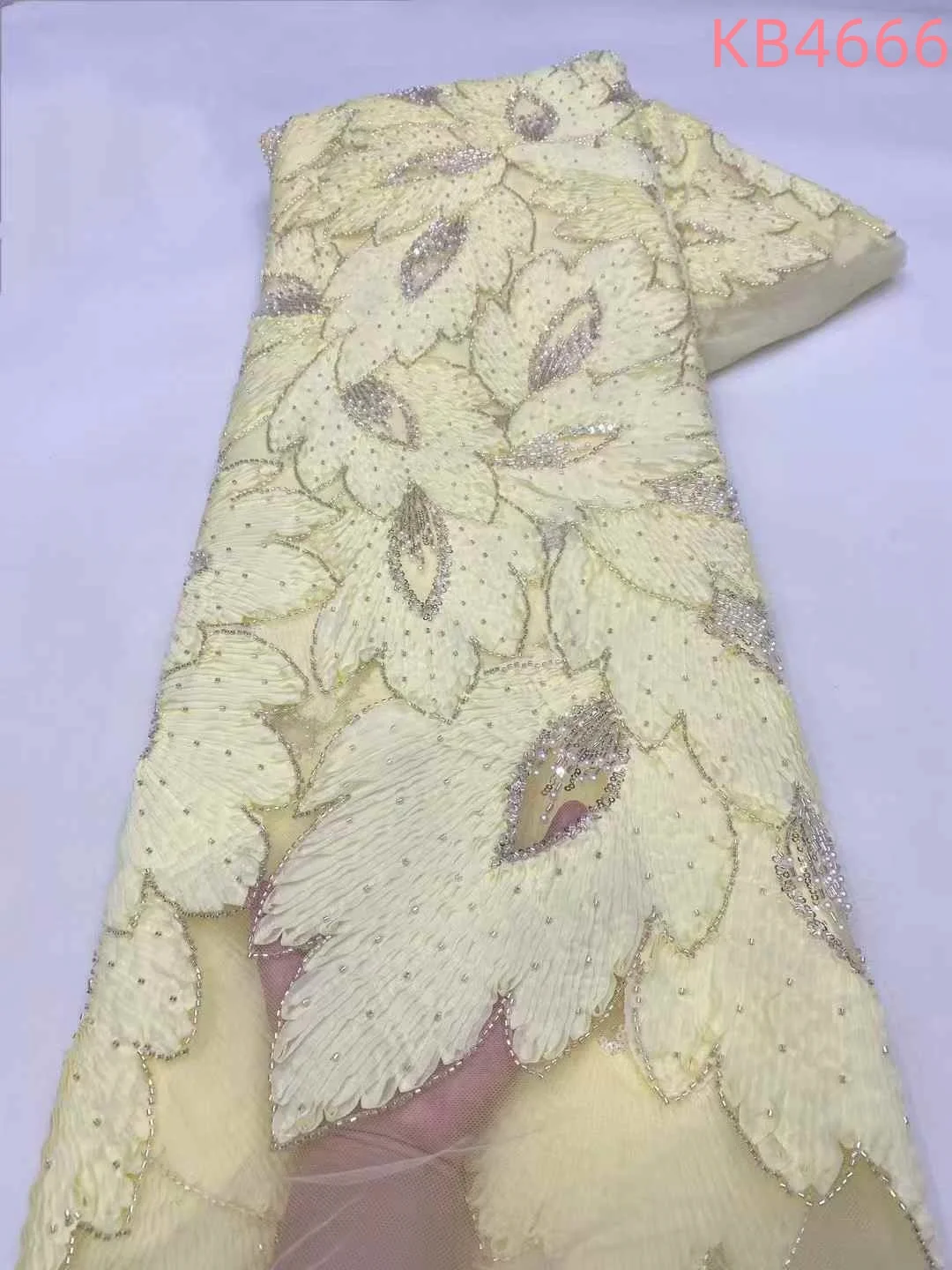 

5 Yards 3D Floral Lace Fabric 2025 Luxury African Luxury Fabrics Sky Blue Beaded Lace Fabrics Sequins Net For Sewing KB4666