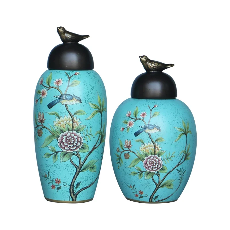 

Country flower and bird ceramic storage tank wine cabinet entrance TV cabinet Retro decoration home soft decoration