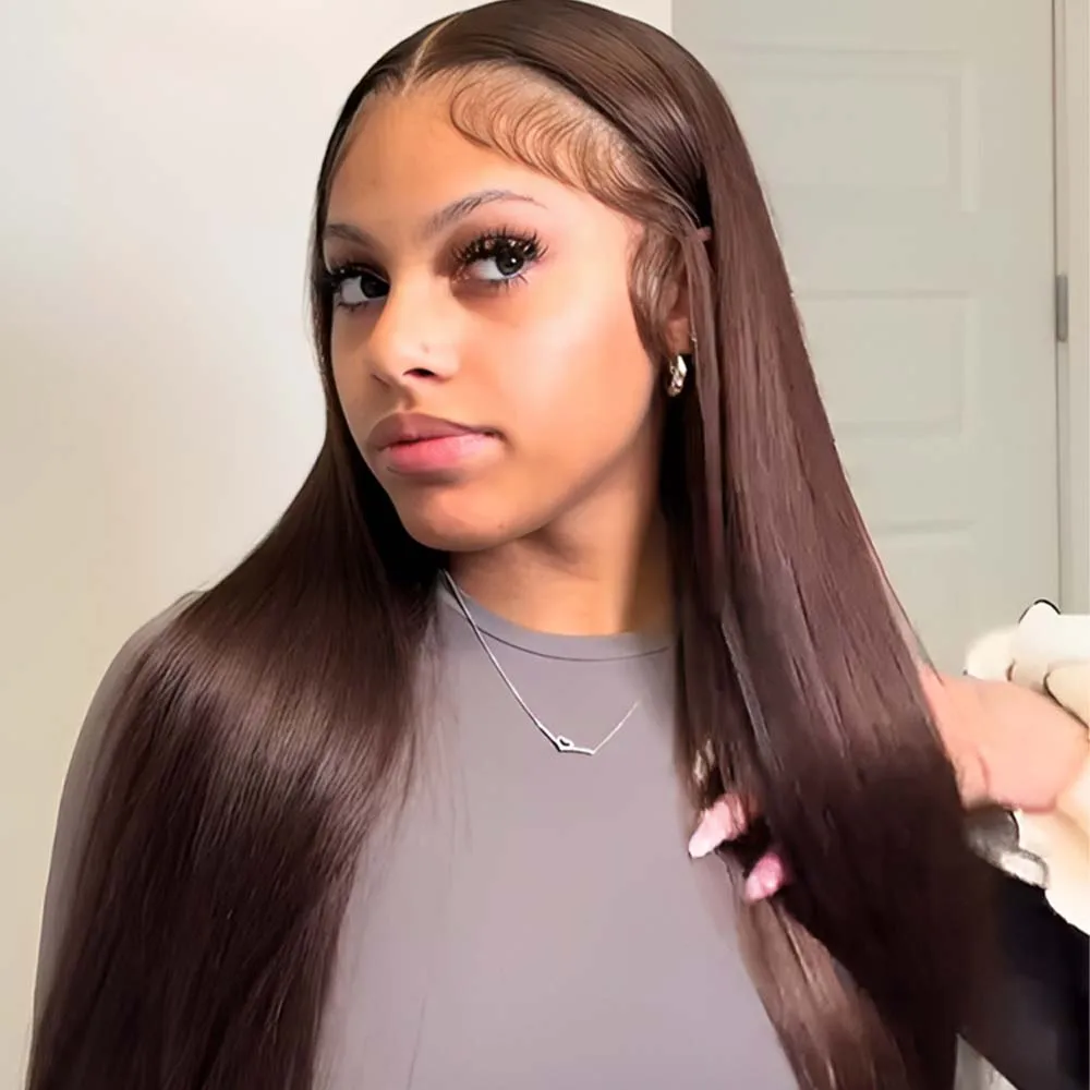 

40 46 Inch Chocolate Brown Straight Human Hair HD Lace Frontal Wig Brazilian Colored 13X6 Transparent Lace Frontal Wig For Women