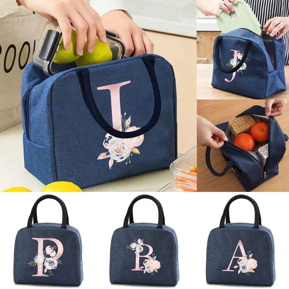 Insulated Cooler Lunch Bags Kids Food Thermal Lunch Box Women Picnic Canvas Tote Bag Organizer Pink Flower Print Zipper Handbag