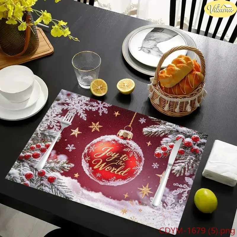 VIKAMA Christmas Placemats Burgundy Joy to the World Bauble Frosted Pine Snowflake Washable Mat Winter Holiday Decor