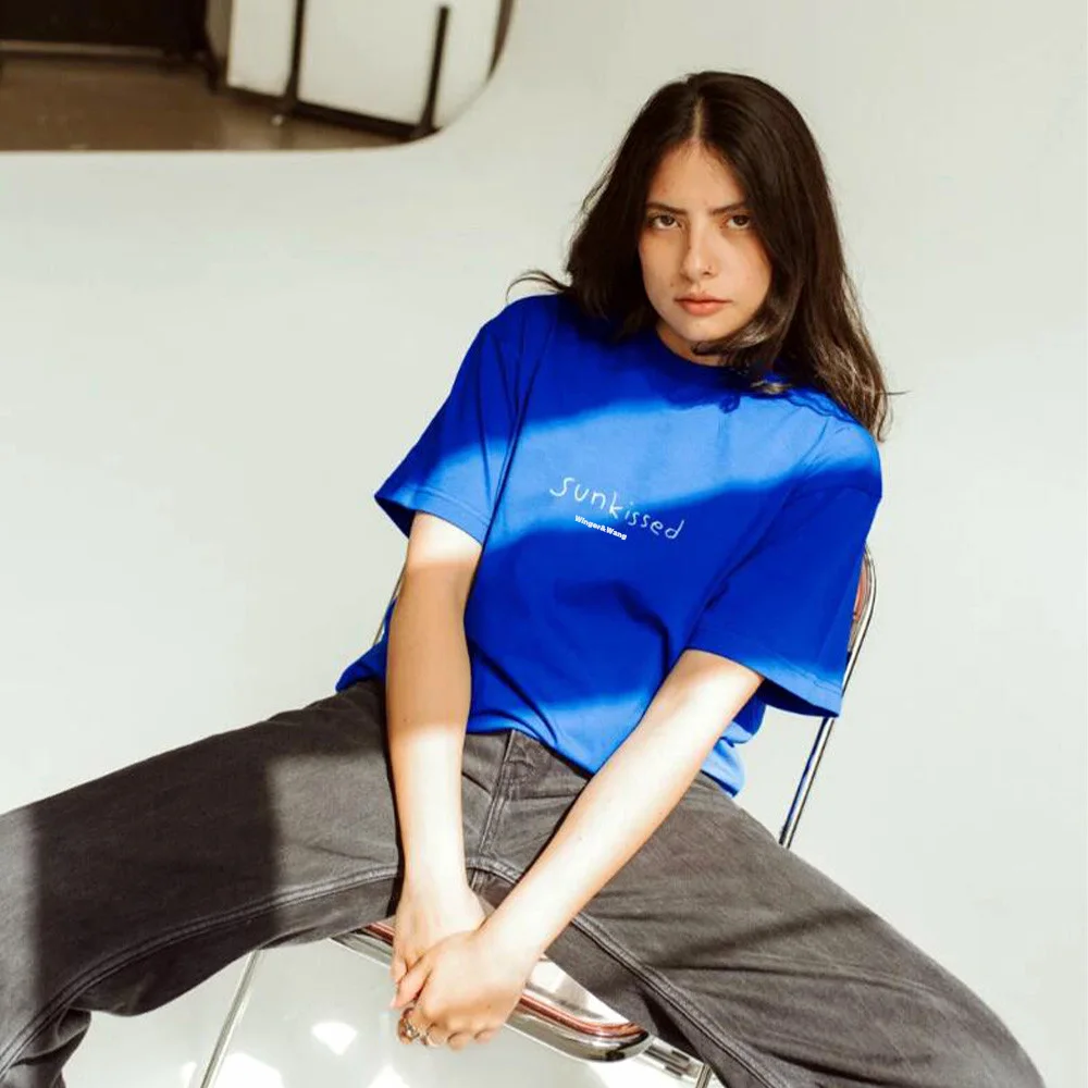 Sunkissed Letters Printing Female Positive T Shirts Royal Blue Summer Short Sleeve Loose Cotton Tops Crewneck Casual Tees