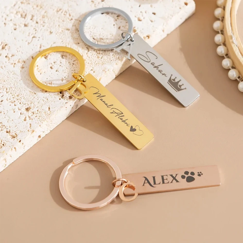 

Personalized Bar Keychain Stainless Steel Custom Engrave Name Initial Round Pendant Keyrings For Woman Mother's Day Jewelry Gift