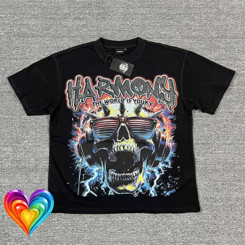 

Big Glasses Skull Flame Print Harmony Rhinestone T Shirt Summer Men Women American Short Sleeve Streetwear Loose T Shirt Tops