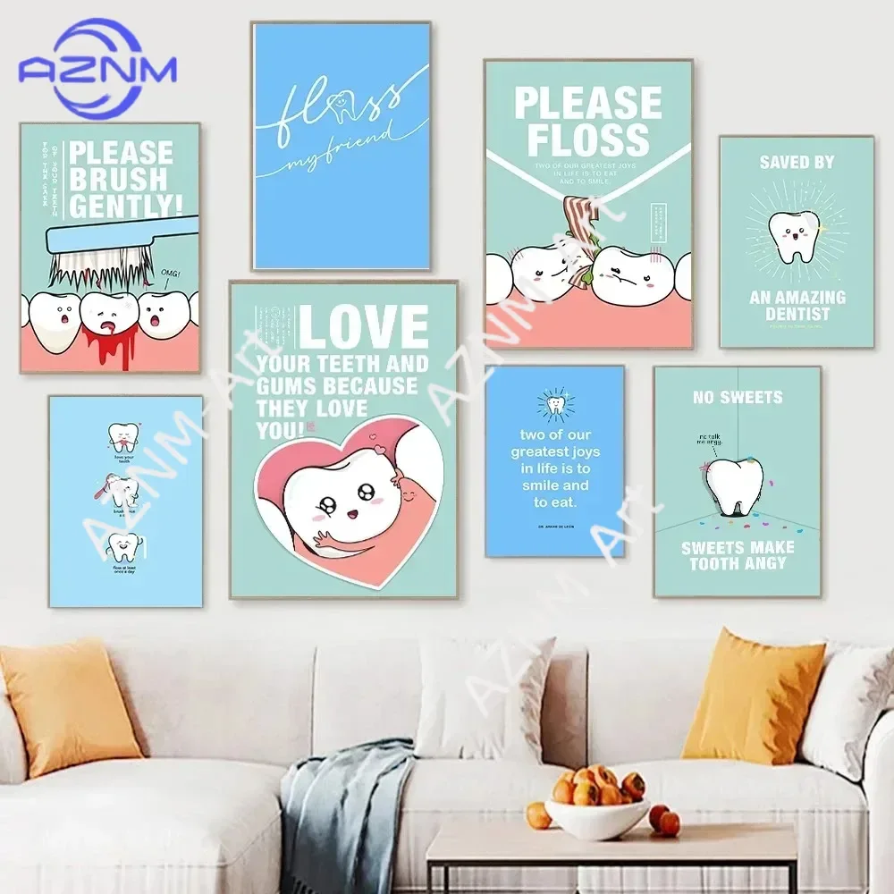 Cartoon Teeth Treatment Wall Art  Dentist Quote Canvas Painting Posters  Prints for Dental Clinic Kids Wash Room Home Decor