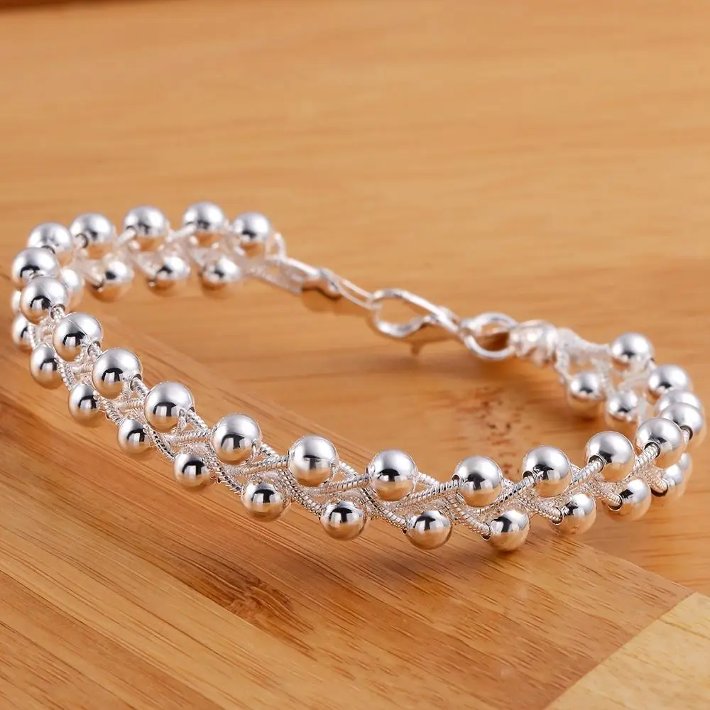 

JewelryTop store 925 Sterling Silver bracelet women lady party gift exquisite vintage beaded cross chain fashion wedding jewelry