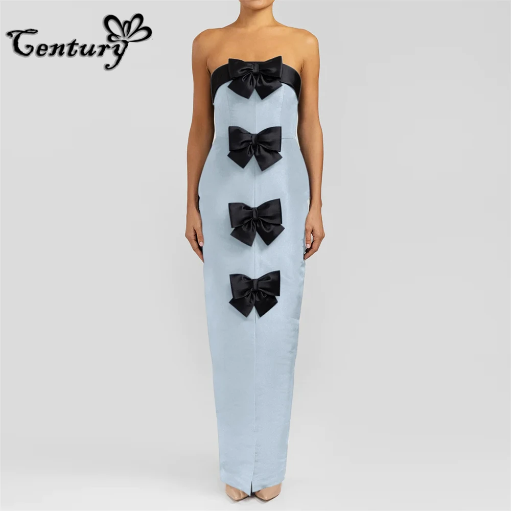 Sky Blue Prom Dress for Women 2024 Big Bow Strapless Backless Simple Satin Evening Party Gowns Formal Dresses Customized