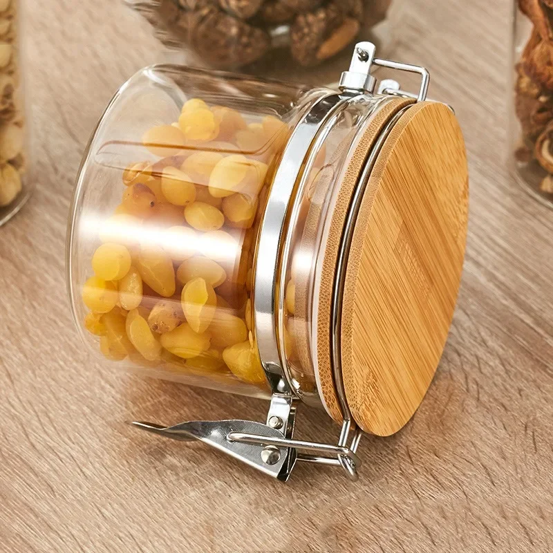 1pcs Glass Storage Jar with Metal  Buckle Bamboo Lid Moisture-proof Sealed Candy Grains Food Storage Container Kitchen Organizer