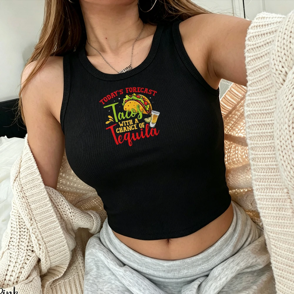 Y2k Ribbed Tank Top Black Crop Top Fitted Camisole Todays Forecast Tacos Tequila Text Illustration Drink Lime Star Mexican Food