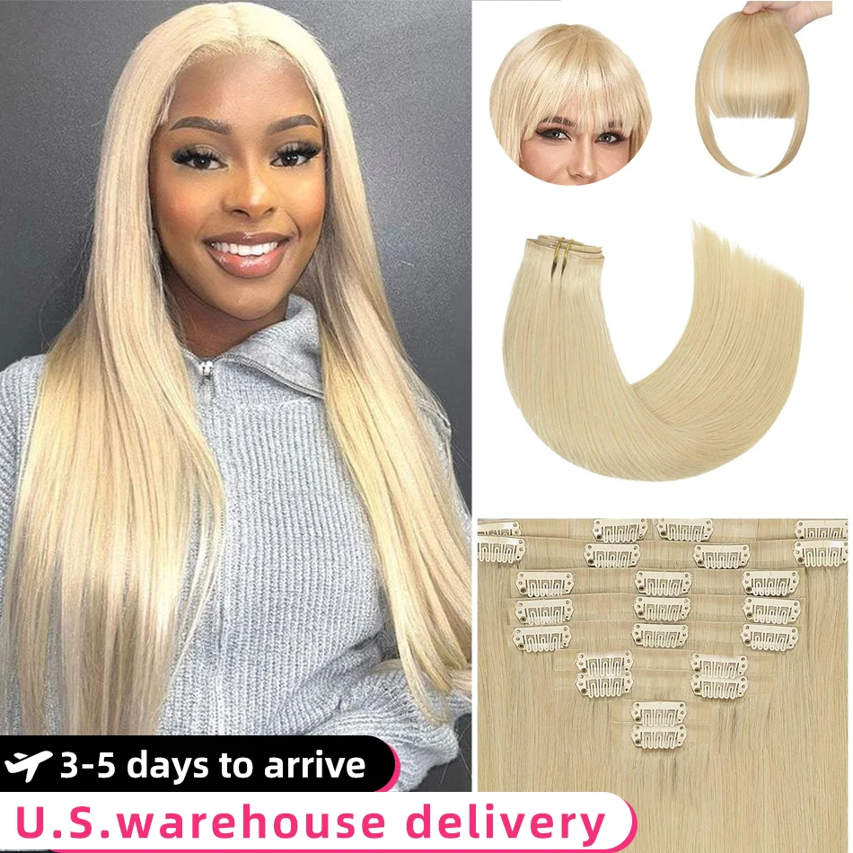 10Pcs Clip In Hair Extensions 100% Real Human Hair P8/613 Color Brown Highlight Blonde For Women Daily Use Real Easy Wear To Go