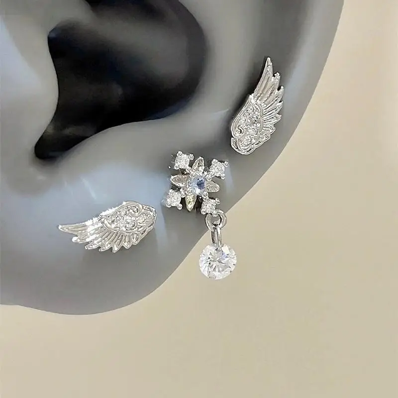 3Pcs/Set Vintage Crystal Zircon Wing Earrings Stud Luxury Shiny Angel Wings Earrings Silver Color Earrings Women Jewelry Gifts