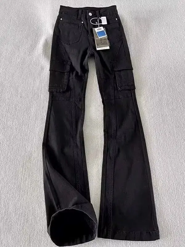 Retro Multi-pocket Tooling Men's Spring Autumn High Street Scimitar Pants Slim-fit High-waisted Micro-pull Pants Flared Jeans