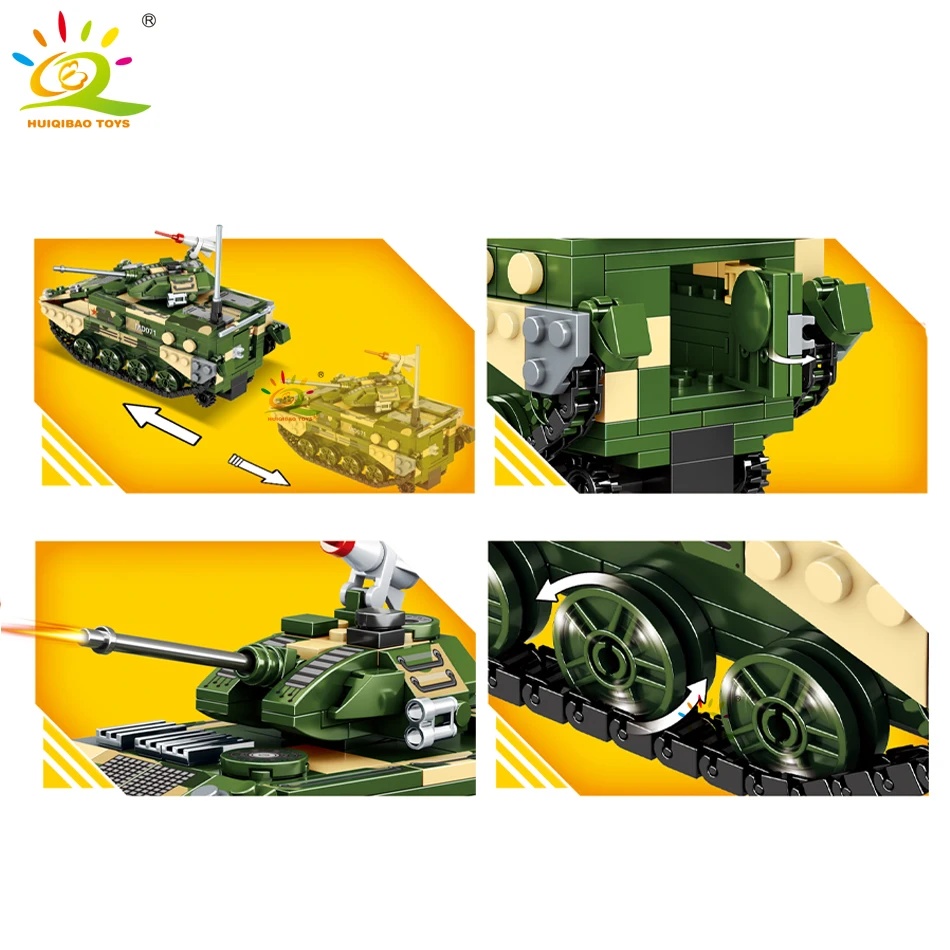 HUIQIBAO Military Battle Tank Building Blocks WW2 Army Bricks Set with 2 Soldier Figures City Construction Toy for Children Boy