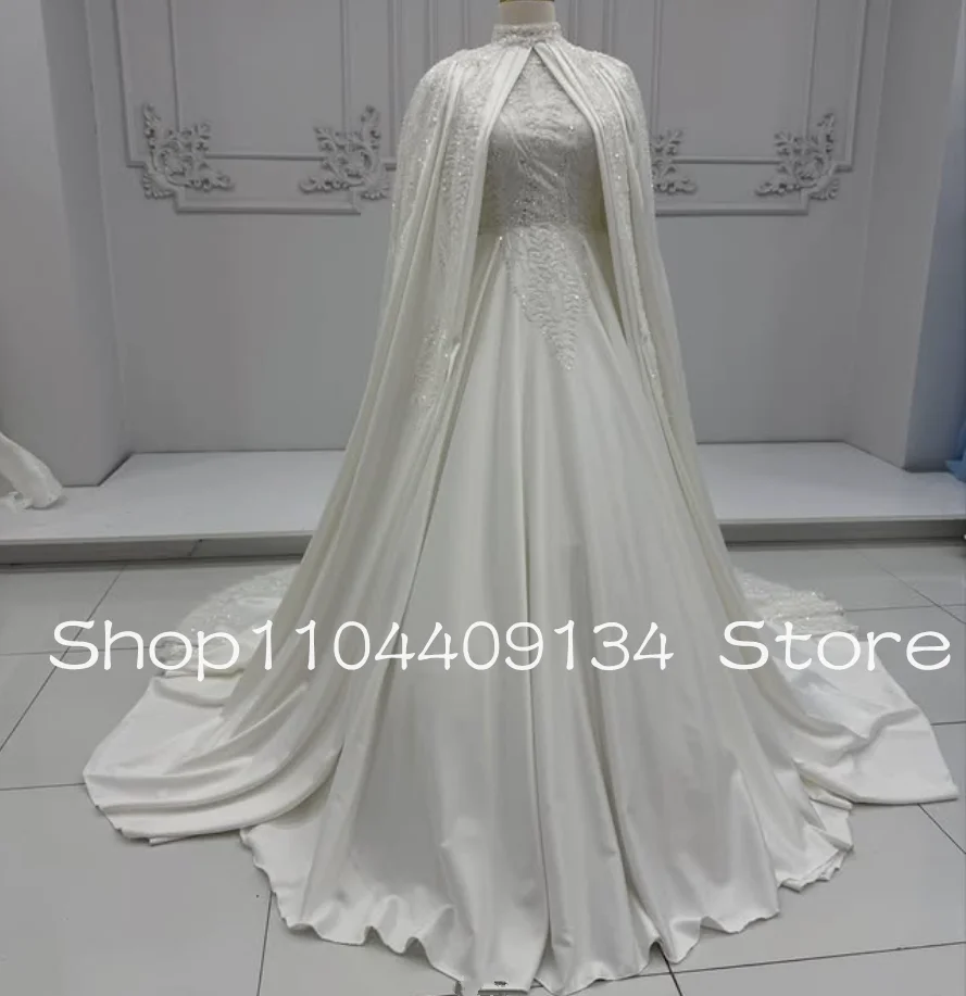 ชุดแต่งงานเจ้าหญิงมุสลิมสุดหรู พร้อมผ้าคลุมไหล่ คอสูง แขนยาว แบบคาฟตัน สำหรับเจ้าสาว ชุดงานแต่งในสวน ตัดเย็บตามสั่ง