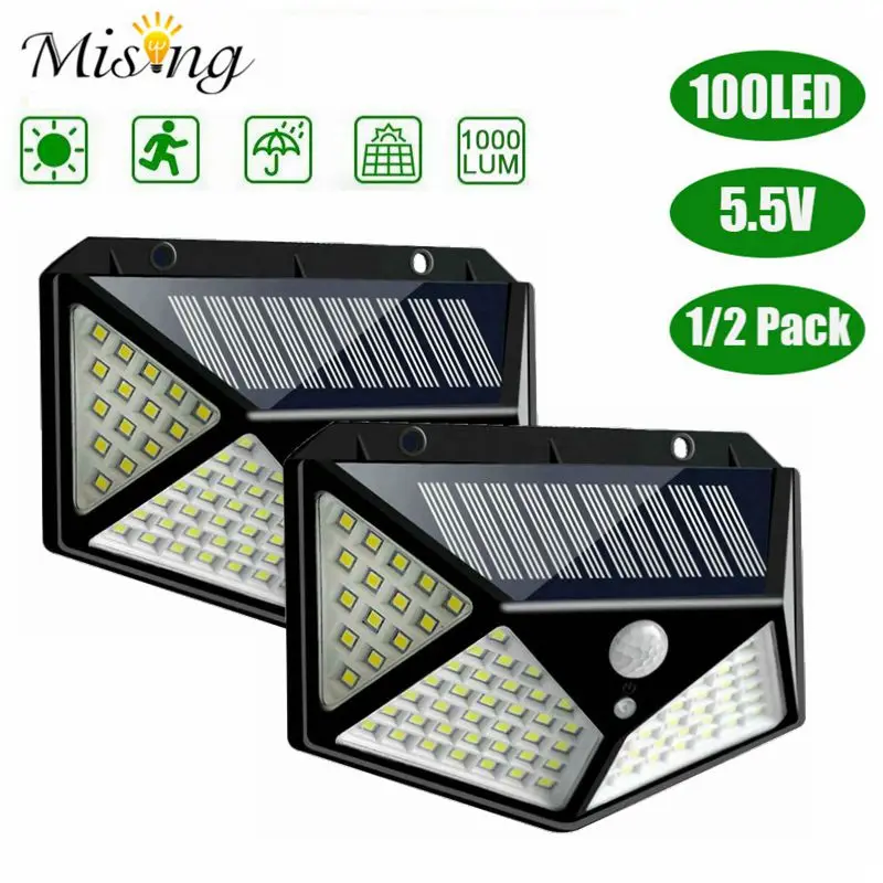 Mising 100 LED 3 Modes Solar Power Wall Light With 1200mAh Battery Powered PIR Motion Sensor Outdoor Garden Sun Lamp