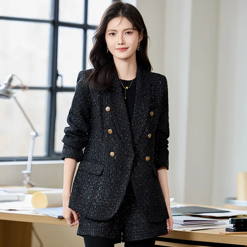 

Elegant Plaid Tweed Blazer Shorts Suits Autumn Winter Outfits for Women 2 Piece Business Chic Office Matching Set Plus Size
