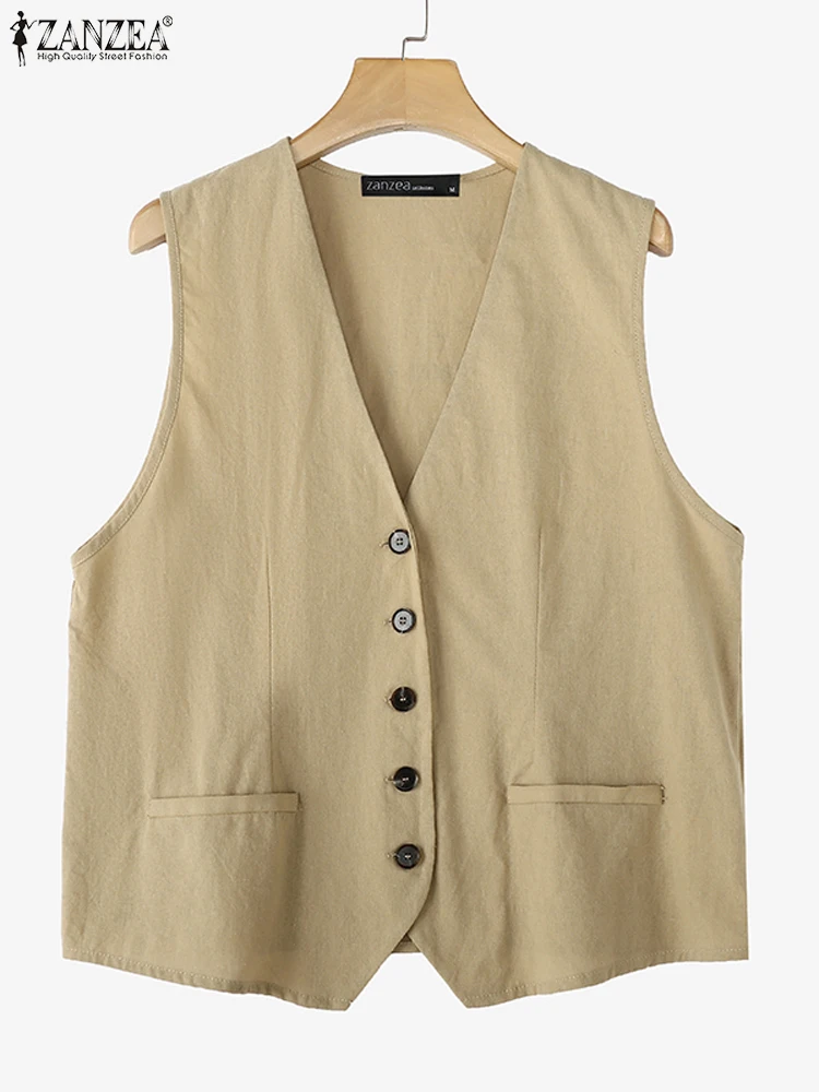 

2025 ZANZEA Women Summer Tank Tops Casual Buttons Outwears Solid Color Vest Fashion Sleeveless V-neck Tanks Short Camis Feminina