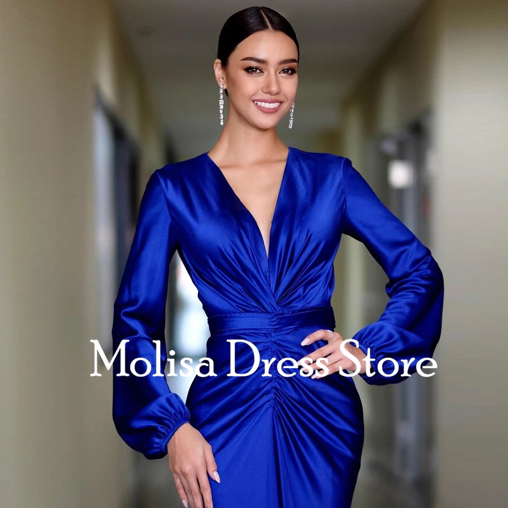 Exquisite Royal Blue V-neck Long Sheath Customized Formal Occasion Prom Dresses Ruffle Floor-Length Women Evening Party Dress